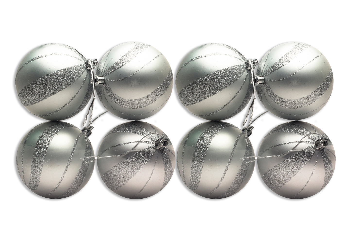 8 Pack of Matte Silver Ball Ornaments with Silver Glitter Swirl Designs