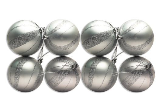 8 Pack of Matte Silver Ball Ornaments with Silver Glitter Swirl Designs