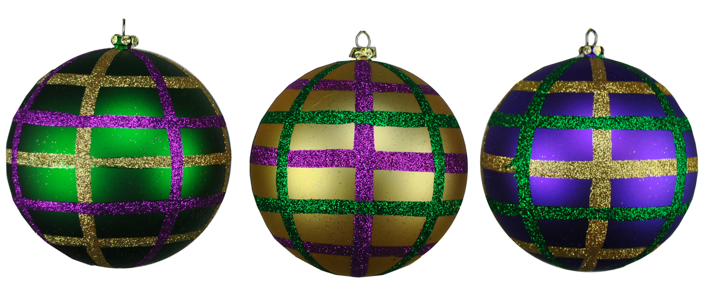 3 Pack of Gold, Purple, and Green Plaid Ball Ornaments with Glitter Enhancements