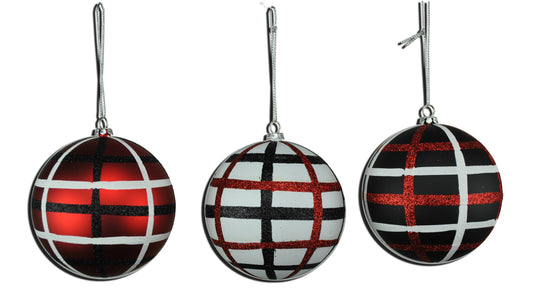 3 Pack of Black, White, and Red Plaid Ball Ornaments with Glitter Enhancements