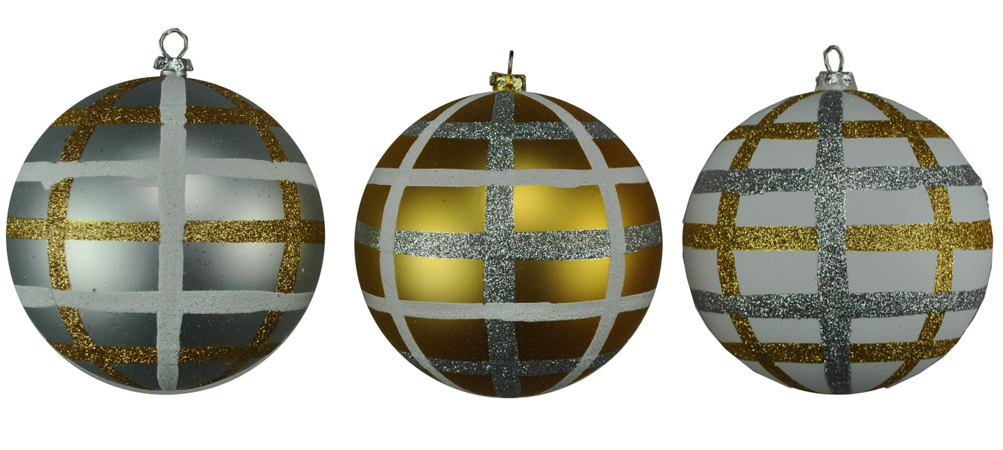 3 Pack of Silver, Gold, and White Plaid Ball Ornaments with Glitter Enhancements