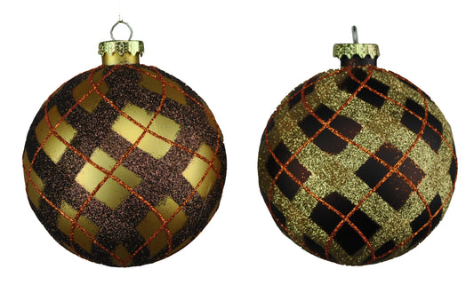 4 Pack of Gold, Brown, and Copper Plaid Ball Ornaments with Glitter Enhancments