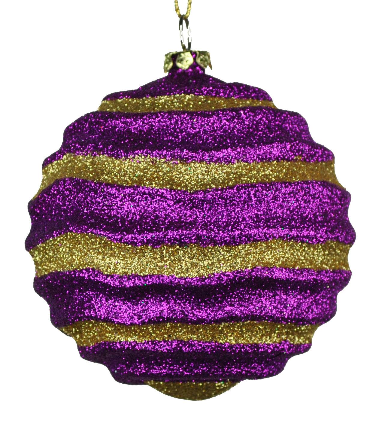 12 Pack of Purple and Gold Wavy Ball Ornaments with Glitter Enhancements