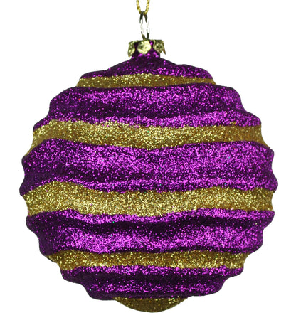 12 Pack of Purple and Gold Wavy Ball Ornaments with Glitter Enhancements