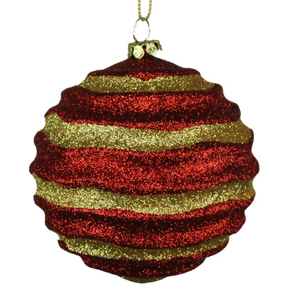 12 Pack of Red and Gold Wavy Ball Ornaments with Glitter Enhancements