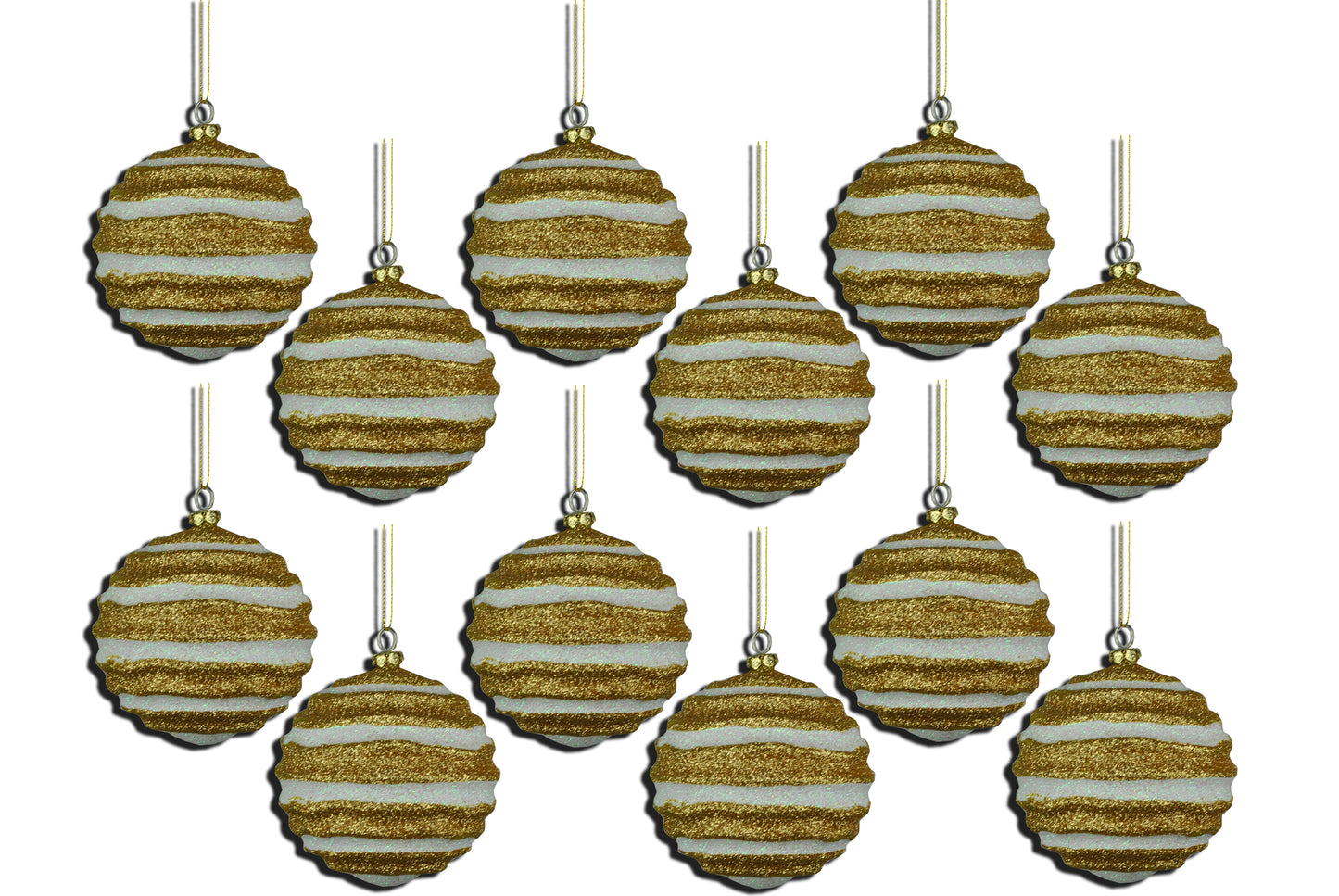 12 Pack of Gold and White Wavy Ball Ornaments with Glitter Enhancements