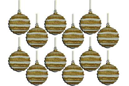 12 Pack of Gold and White Wavy Ball Ornaments with Glitter Enhancements