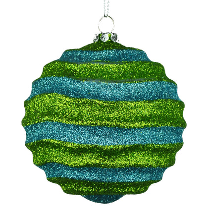 12 Pack of Lime Green and Teal Wavy Ball Ornaments with Glitter Enhancements