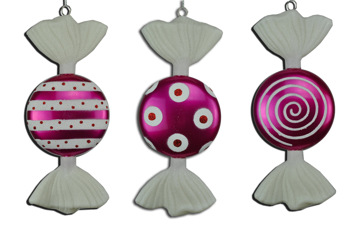 7" Fuchsia & White Flat Candy Ornaments 3 Pack