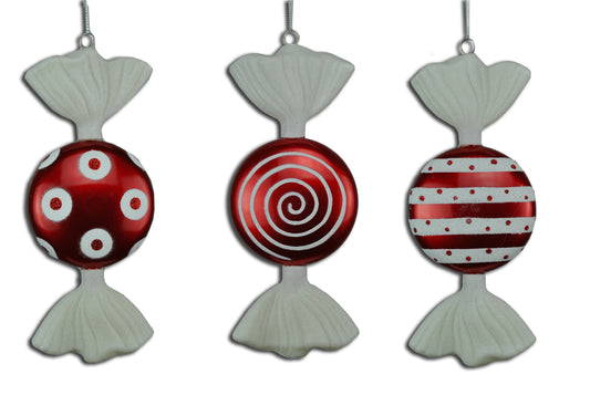 7" Red & White Flat Candy Ornaments 3 Pack