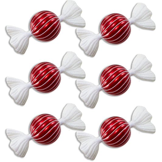 6 Pack of Red and White Candy Ornaments with Glitter Enhancement