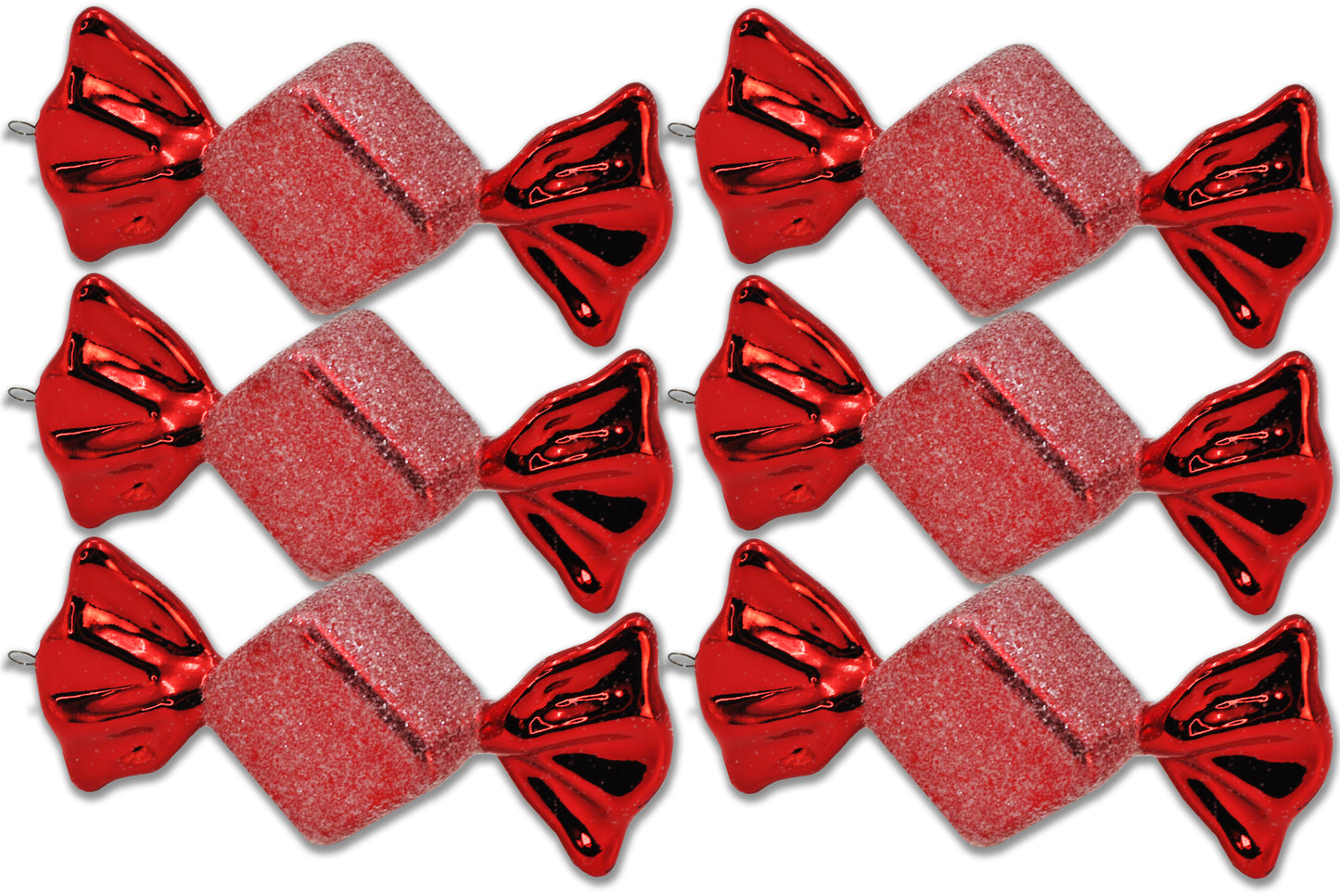 6 Pack of Red Glitter Candy Ornaments with Shiny Red Ends