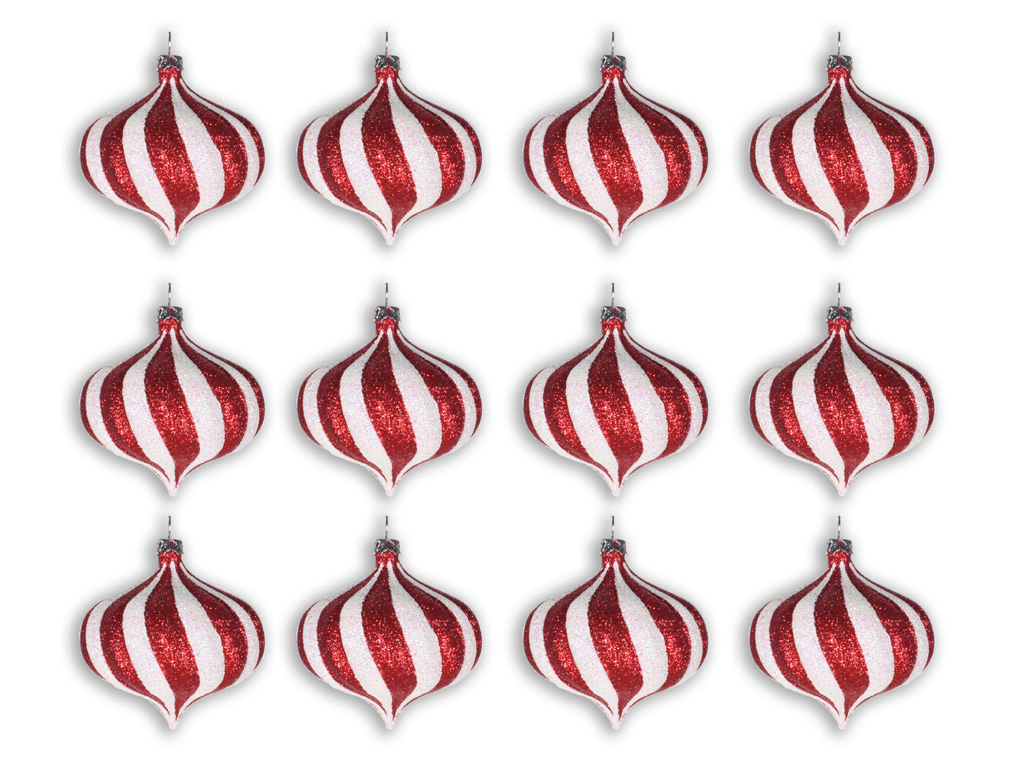 12 Pack of Red and White Glitter Striped Onion Ornaments