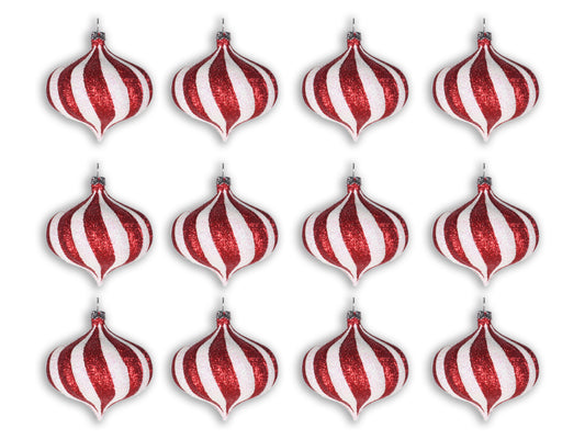 12 Pack of Red and White Glitter Striped Onion Ornaments