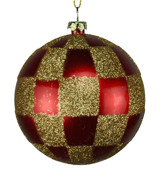 4 Pack of Red and Gold Checkered Ornaments with Glitter Enhancements