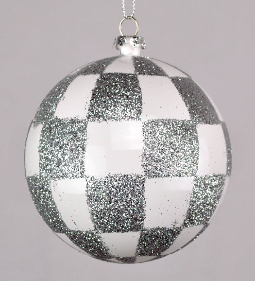 4 Pack of Silver and White Checkered Ball Ornaments with Glitter Enhancements