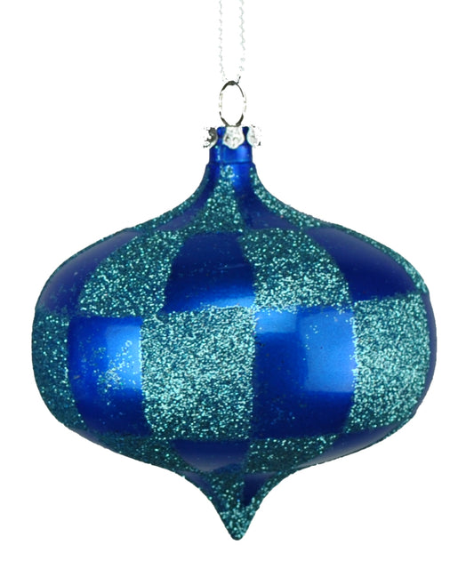 4 Pack of Blue and Teal Checkered Onion Ornaments with Glitter Enhancements