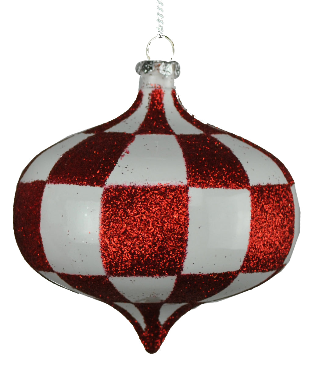 4 Pack of Red and White Checkered Onion Ornaments with Glitter Enhancements