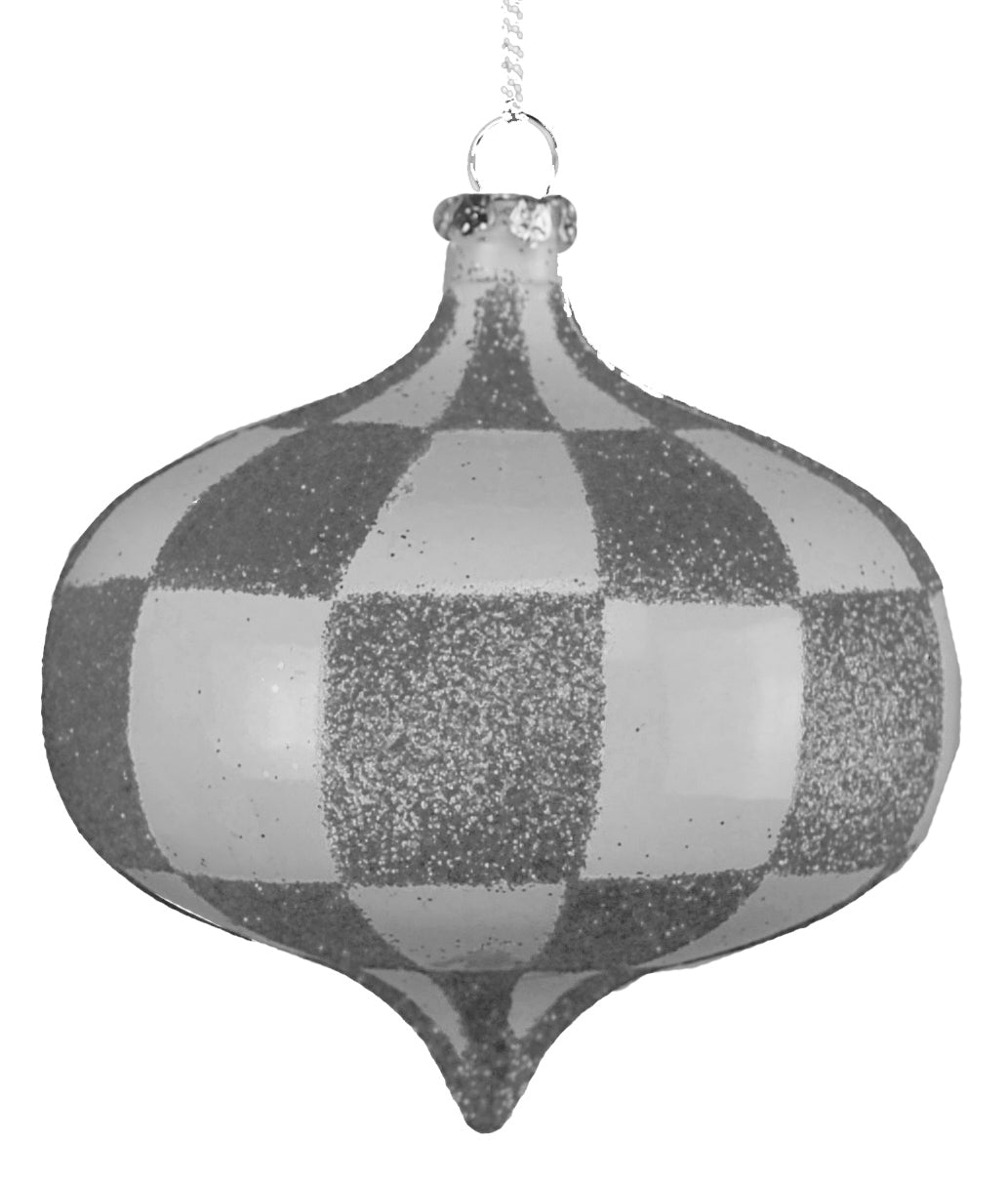 4 Pack of Silver and White Checkered Onion Ornaments with Glitter Enhancements