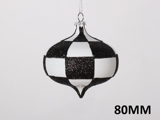 4 Pack of White and Black Checkered Onion Ornaments with Glitter Enhancements