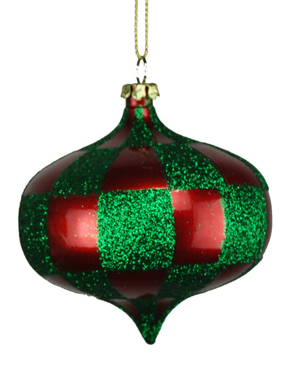 4 Pack of Red and Green Checkered Onion Ornaments with Glitter Enhancements