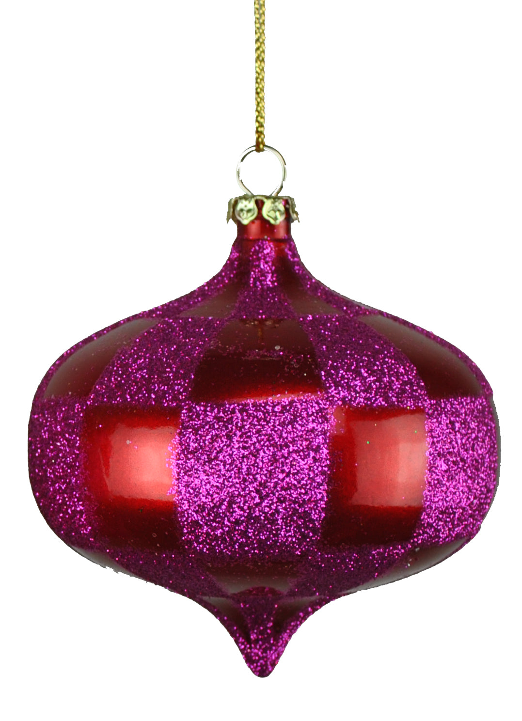 4 Pack of Red and Hot Pink Checkered Onion Ornaments with Glitter Enhancements