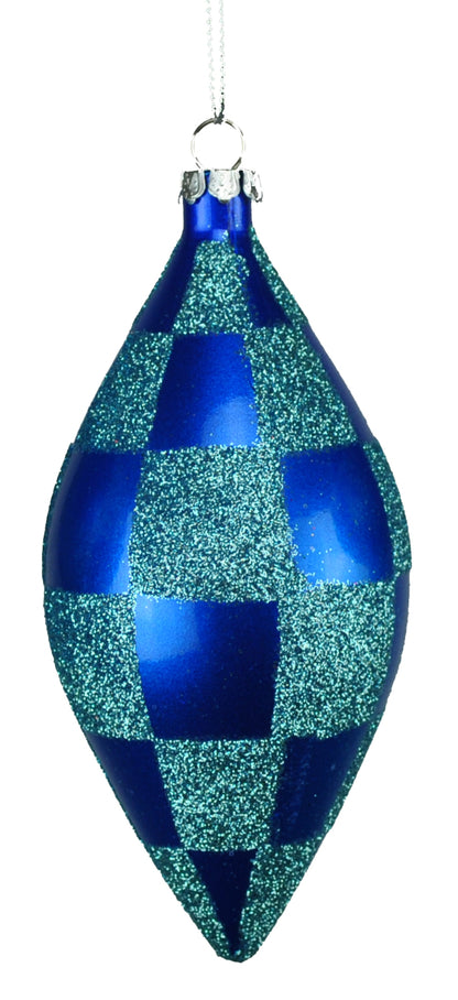 4 Pack or Blue and Teal Checkered Teardrop Ornaments with Glitter Enhancements