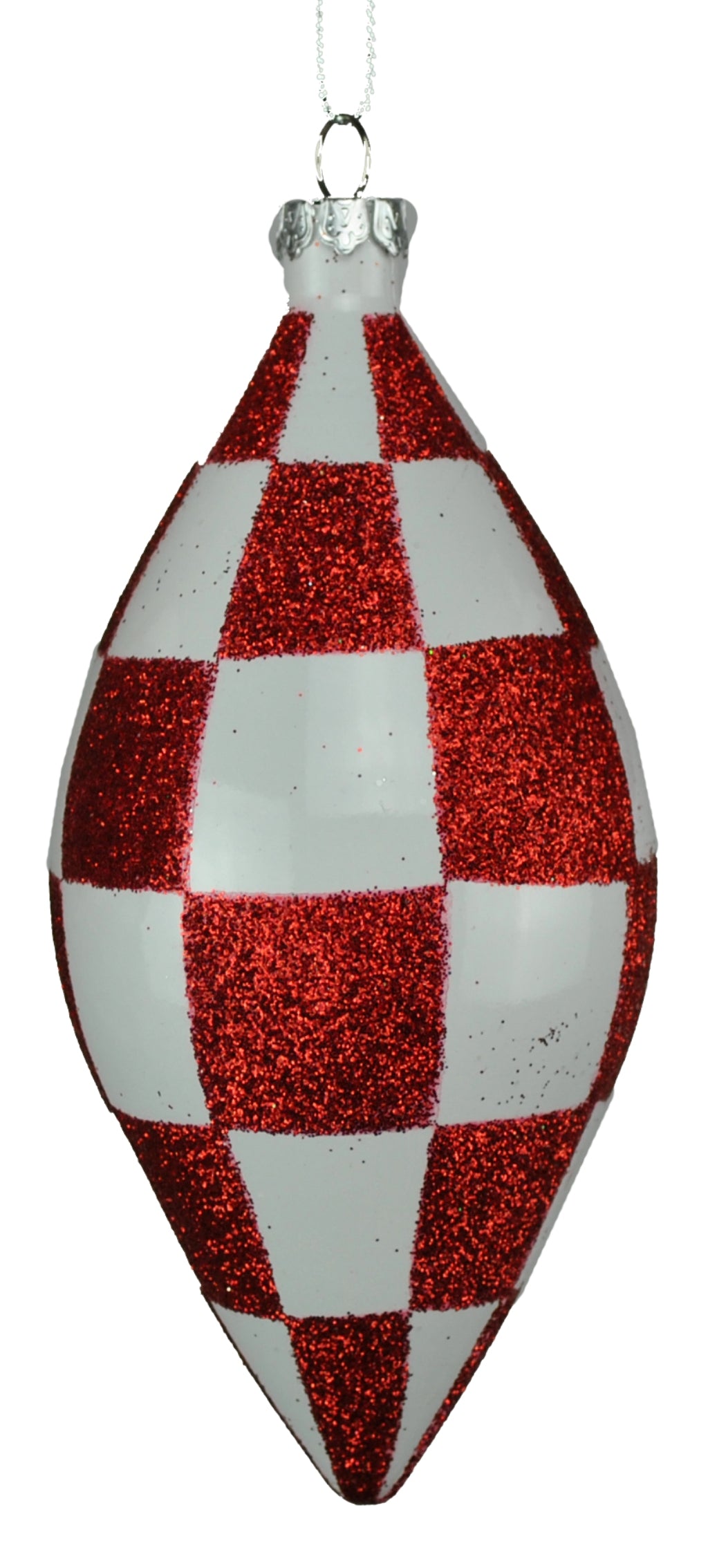 4 Pack of Red and White Checkered Teardrop Ornaments with Glitter Enhancments