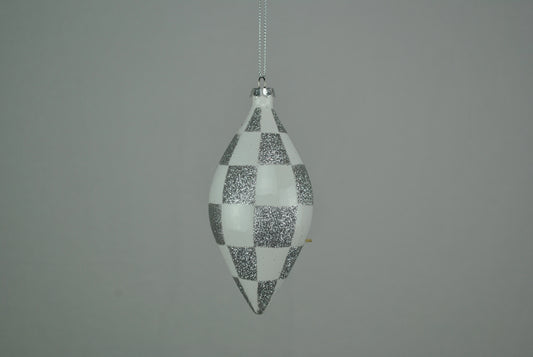 4 Pack of White and Silver Checkered Teardrop Ornaments with Glitter Enhancements