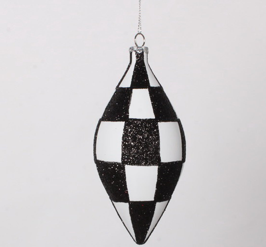 4 Pack of Black and White Checkered Teardrop Ornaments with Glitter Enhancements