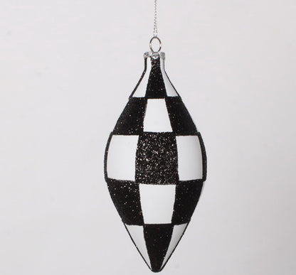 4 Pack of Black and White Checkered Teardrop Ornaments with Glitter Enhancements