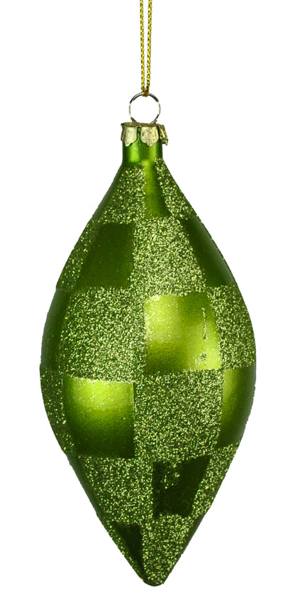 4 Pack of Lime Green and Sage Checkered Teardrop Ornaments with Glitter Enhancements