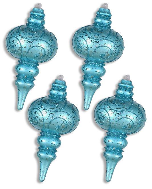 4 Pack 7" Aqua Finial Ornament with Aqua Glitter