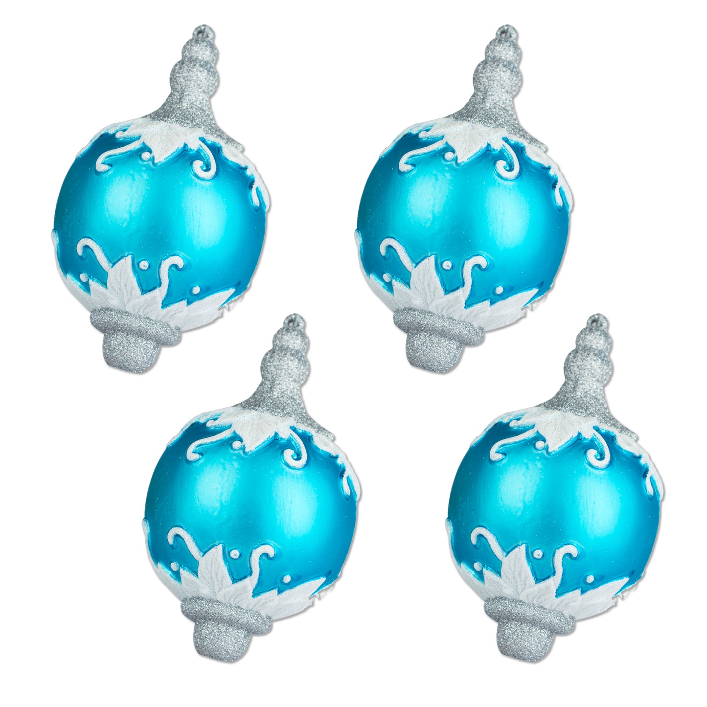 4 Pack of Aqua, Silver, and White Finial Ornaments with Glitter Enhancements