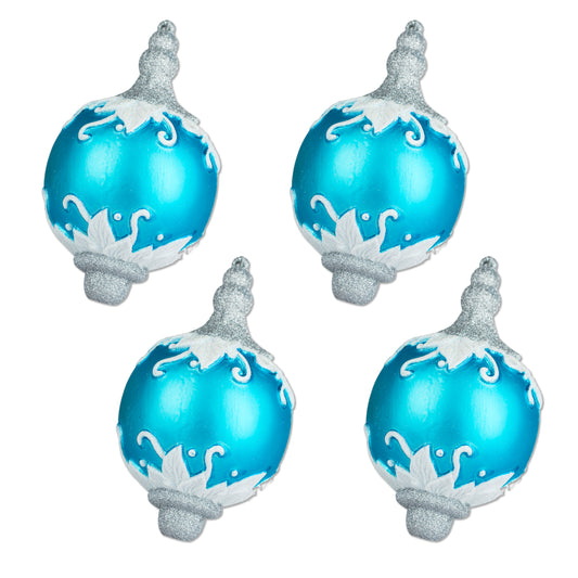 4 Pack of Aqua, Silver, and White Finial Ornaments with Glitter Enhancements