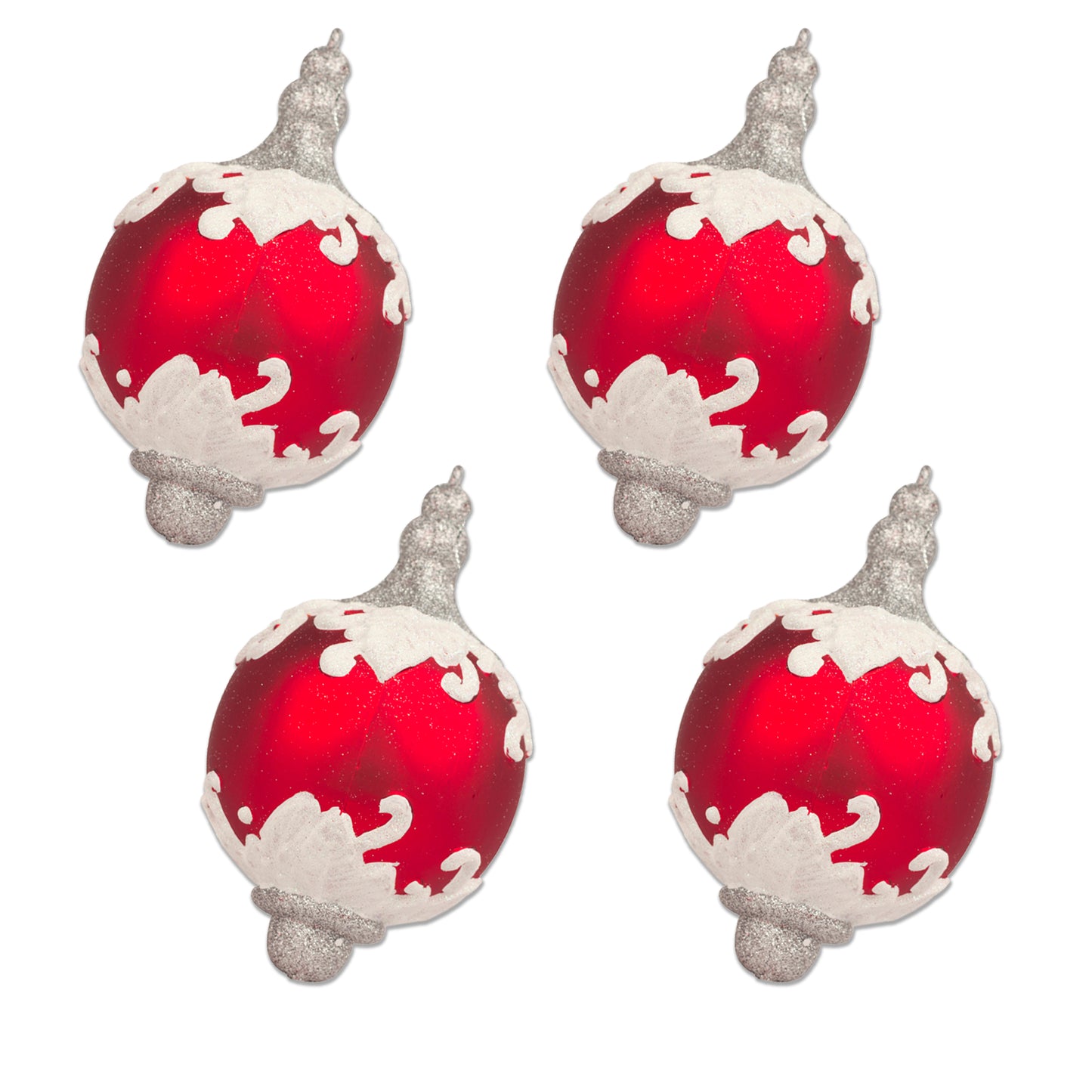 4 Pack of Red, White, and Silver Finial Ornaments with Glitter Enhancements