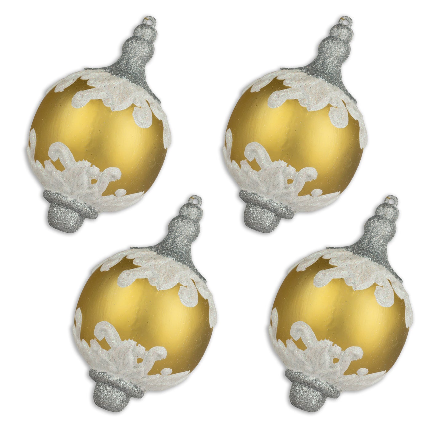 4 Pack of Gold, White, and Silver Finial Ornaments with Glitter Enhancements