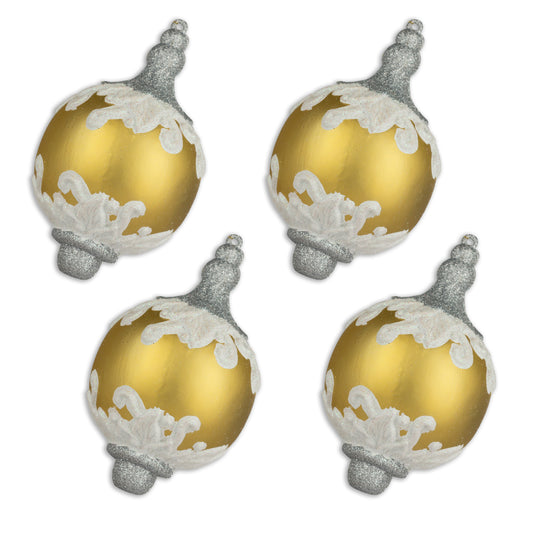 4 Pack of Gold, White, and Silver Finial Ornaments with Glitter Enhancements