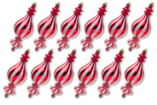 12 Pack Red and White Finial Candy Ornament Set