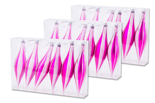 18 Pack 5.5" Hot Pink Finial Ornament with White Glitter Stripes