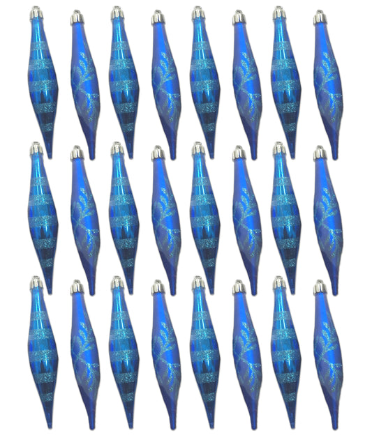 24 Pack Blue Finial Ornament with Snowflake and Line Glitter Design