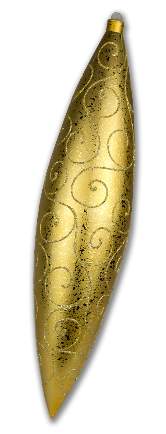 19" Finial Ornament Gold with Gold Glitter Swirl