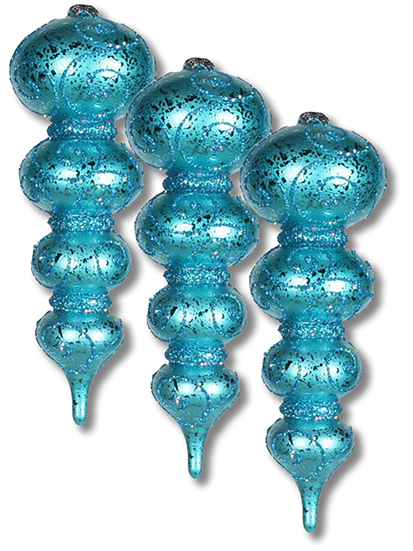 3 Pack 7" Aqua Finial Ornaments with Glitter Swirl Design