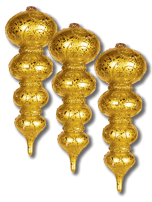 3 Pack 7" Gold Finial Ornaments with Glitter Swirl Design