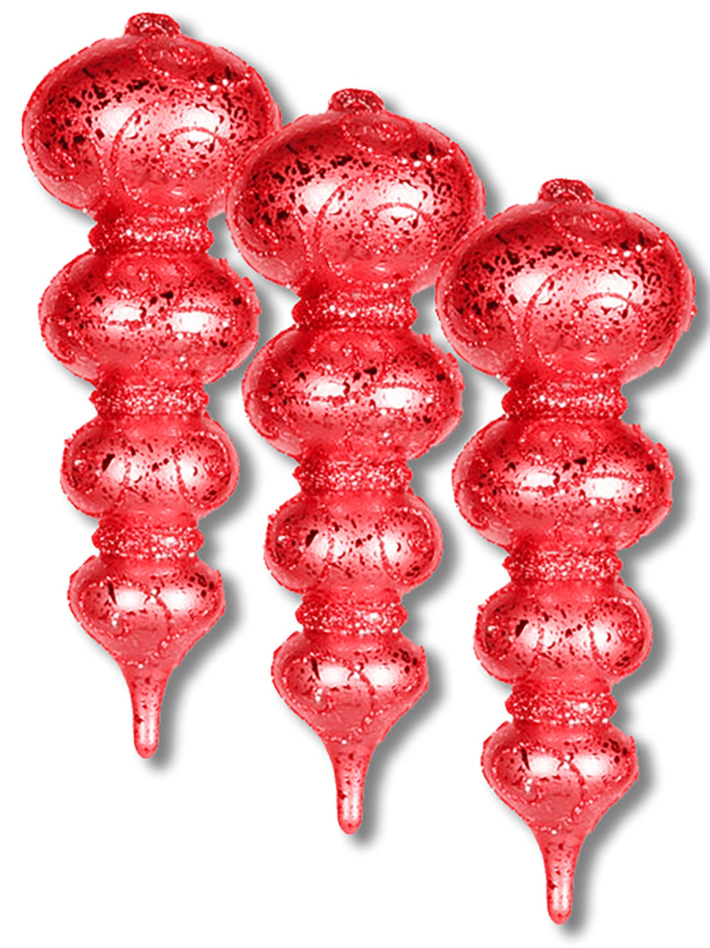 3 Pack 7" Red Finial Ornaments with Glitter Swirl Design