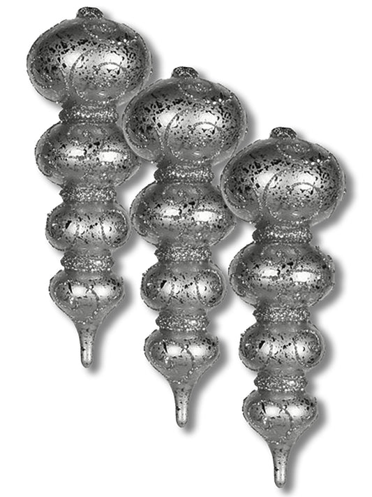 3 Pack 7" Silver Finial Ornaments with Glitter Swirl Design