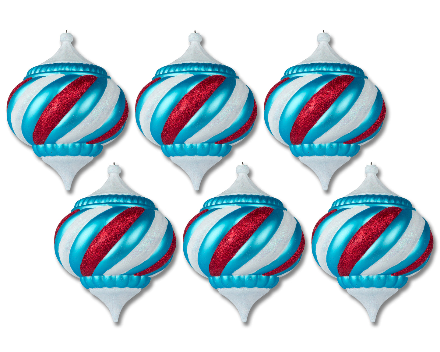 6 Pack of Aqua, Red, and White Onion Ornaments with Glitter Enhancements