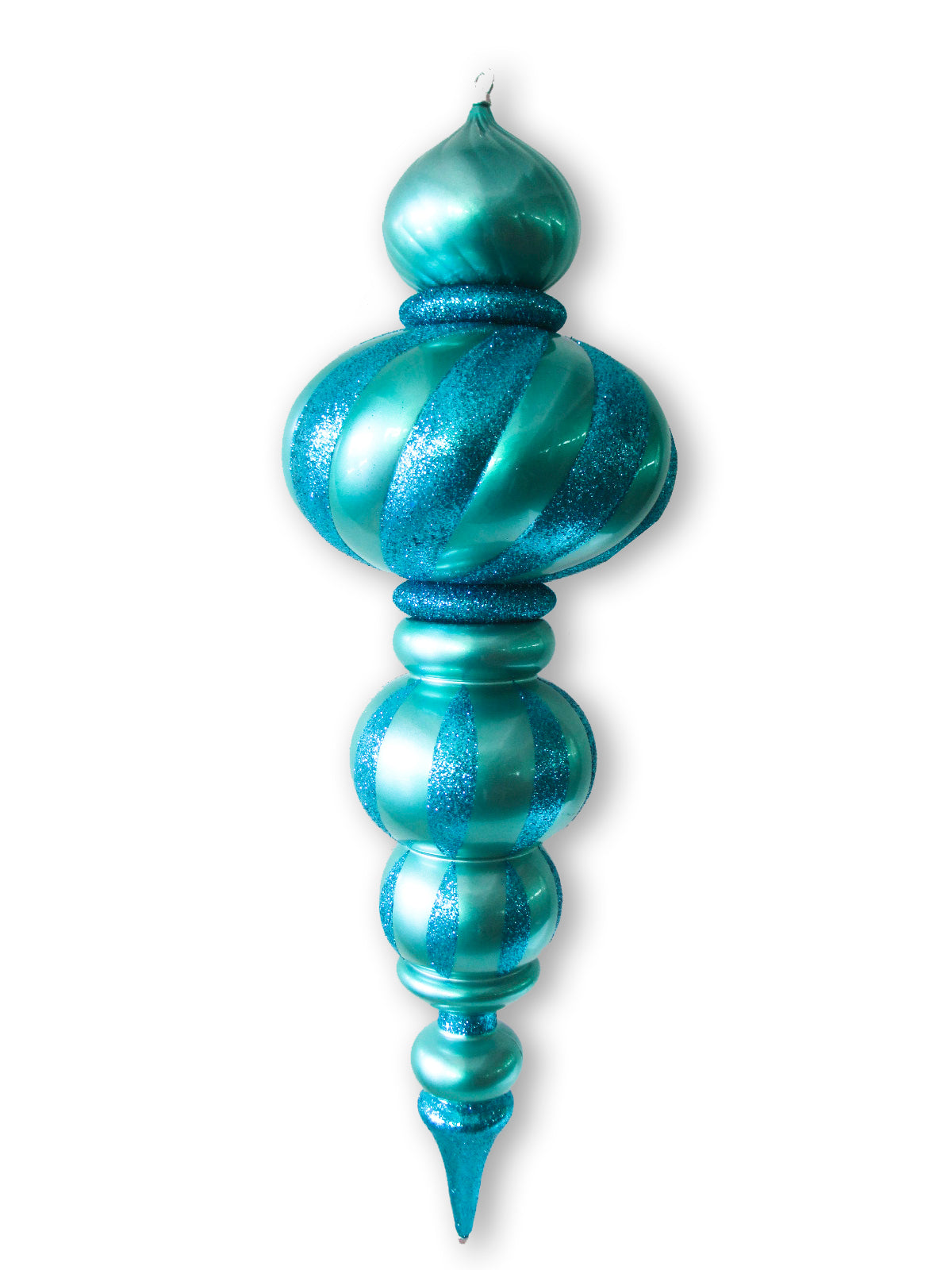 36" Large Aqua Finial Ornament with Aqua Glittered Stripes