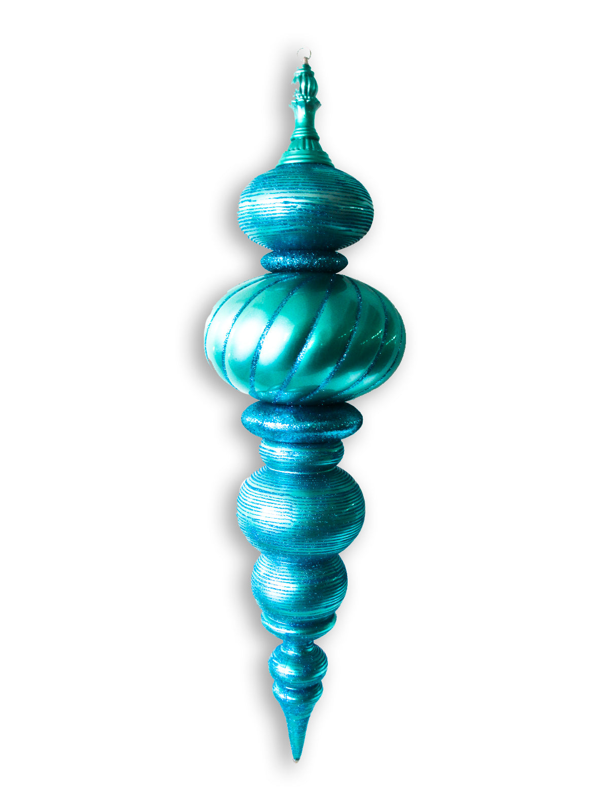 43" Large Aqua Finial Ornament with Aqua Glittered Stripes