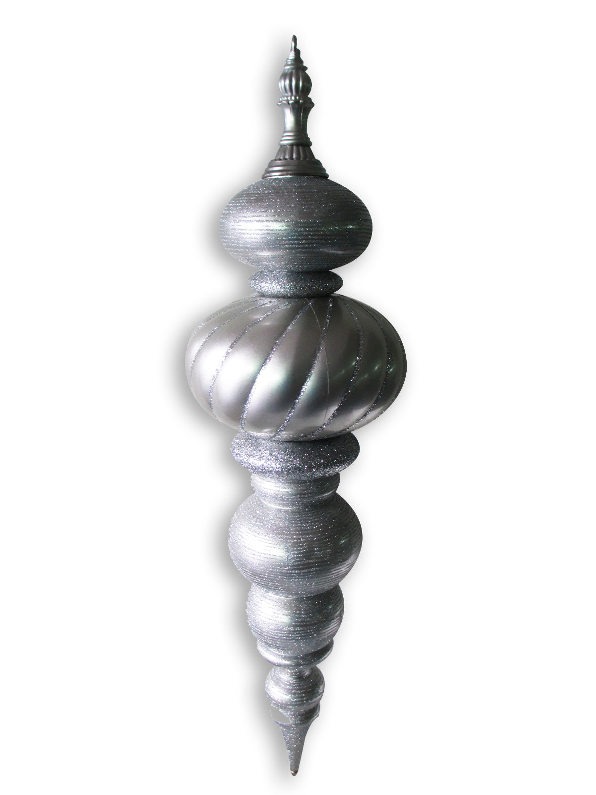 43" Large Silver Finial Ornament with Silver Glittered Stripes